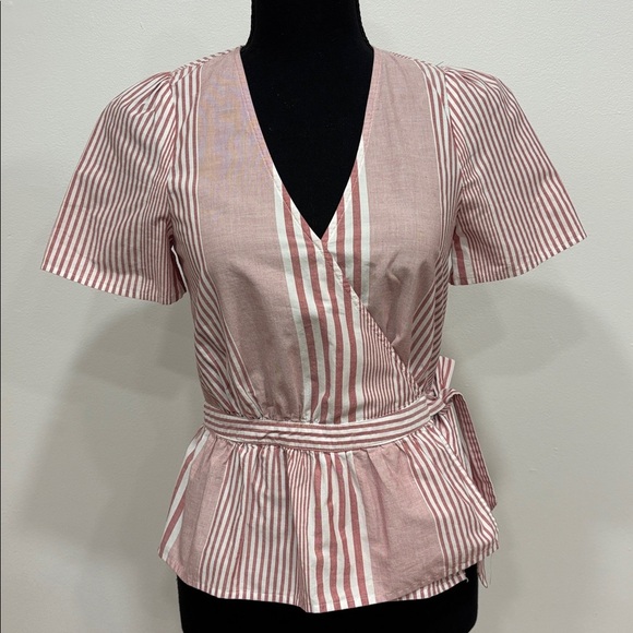 MADEWELL NEW ruffle hem soft pink Striped Wrap Top XXS - Picture 3 of 4